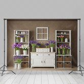 Aperturee Aperturee Rustic Farmhouse Shelf Backdrop White Cabinet with Lavender and Tulips Country Spring Photography Studio Prop